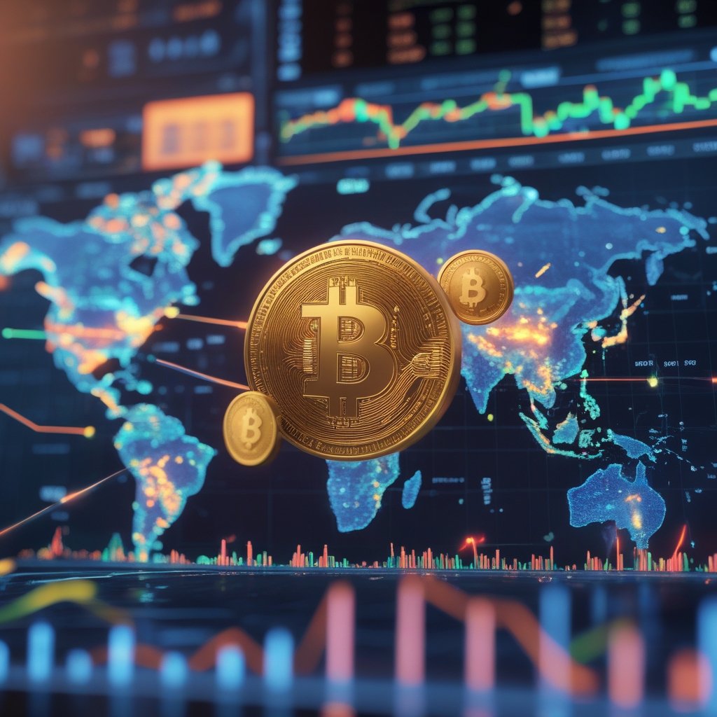 tokenized gold: A world map with glowing lines showing money moving from one country to another, with gold tokens flying along the lines