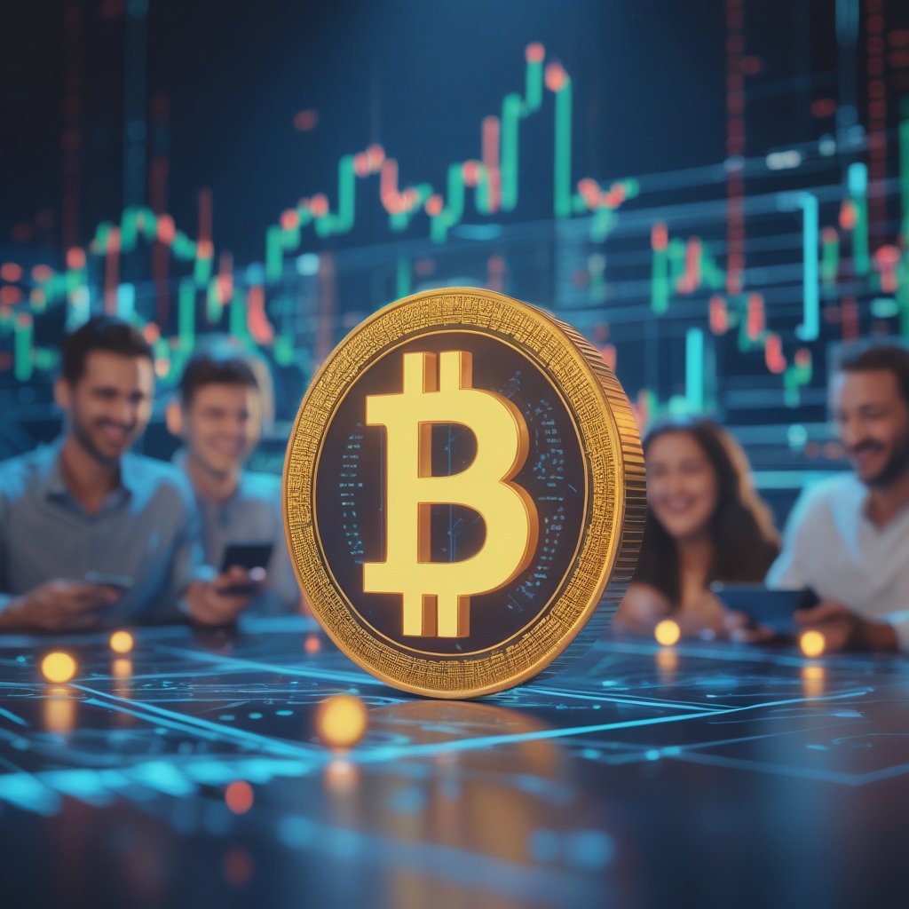 tokenized liquidity fund: A bright, colorful vision of the future with digital elements like tokens and blockchains floating around, showing happy people using digital money