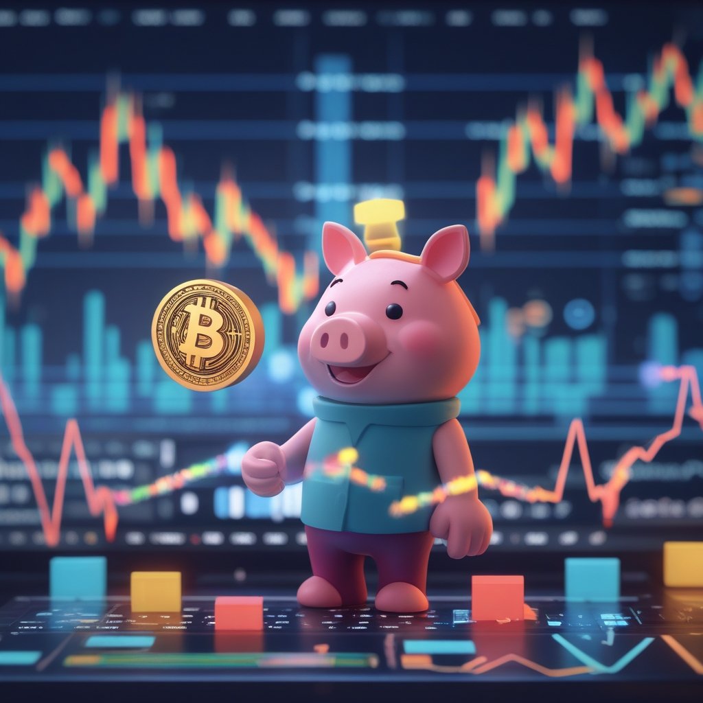 tokenized liquidity fund: A friendly cartoon character holding a digital piggy bank on a computer screen, with bright colors and simple shapes